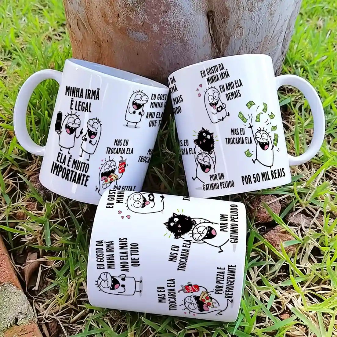 arte para caneca minha irmã é legal ela é muito importante, com personagens Flork, pizza, refrigerante, gatinho e notas de dinheiro