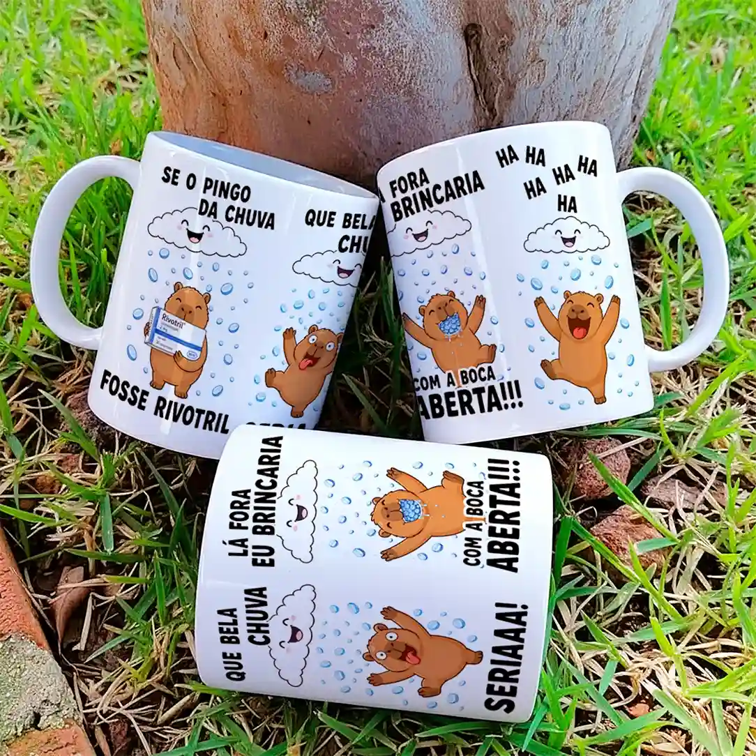 arte para caneca se o pingo da chuva fosse Rivotril capivara: capivaras entre gotas de chuva com frases divertidas e bem humoradas