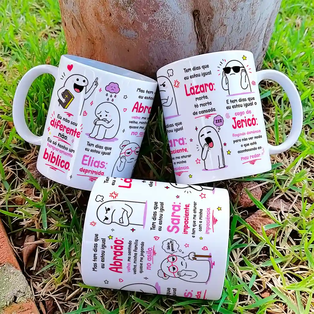 arte para caneca temperamento bíblico Flork com personagens em situações do cotidiano e frases de humor comparando temperamentos a personagens bíblicos