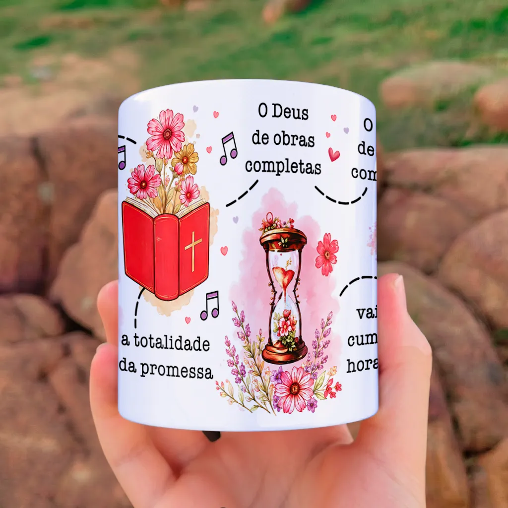 arte para caneca eu vou viver a totalidade da promessa deus de obras completas: Bíblia vermelha com cruz, ampulheta e elementos florais