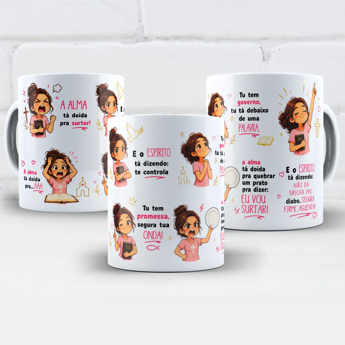 arte para caneca a alma tá doida pra surtar com frases divertidas, ilustrações de meninas e mensagens de fé sobre manter a calma e segurar a onda