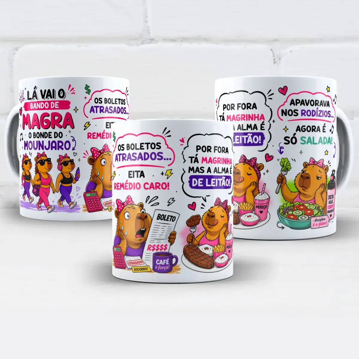 arte para caneca capivara bando de magra bonde do mounjaro, com frases de humor sobre dieta, boletos e rodízios entre amigas emagrecendo