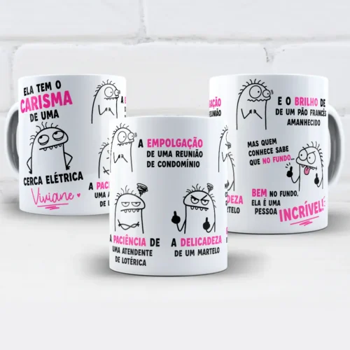 arte para caneca ela tem o carisma de uma cerca elétrica flork, com frases de humor sobre amiga e personagens Flork, personalizável com nome