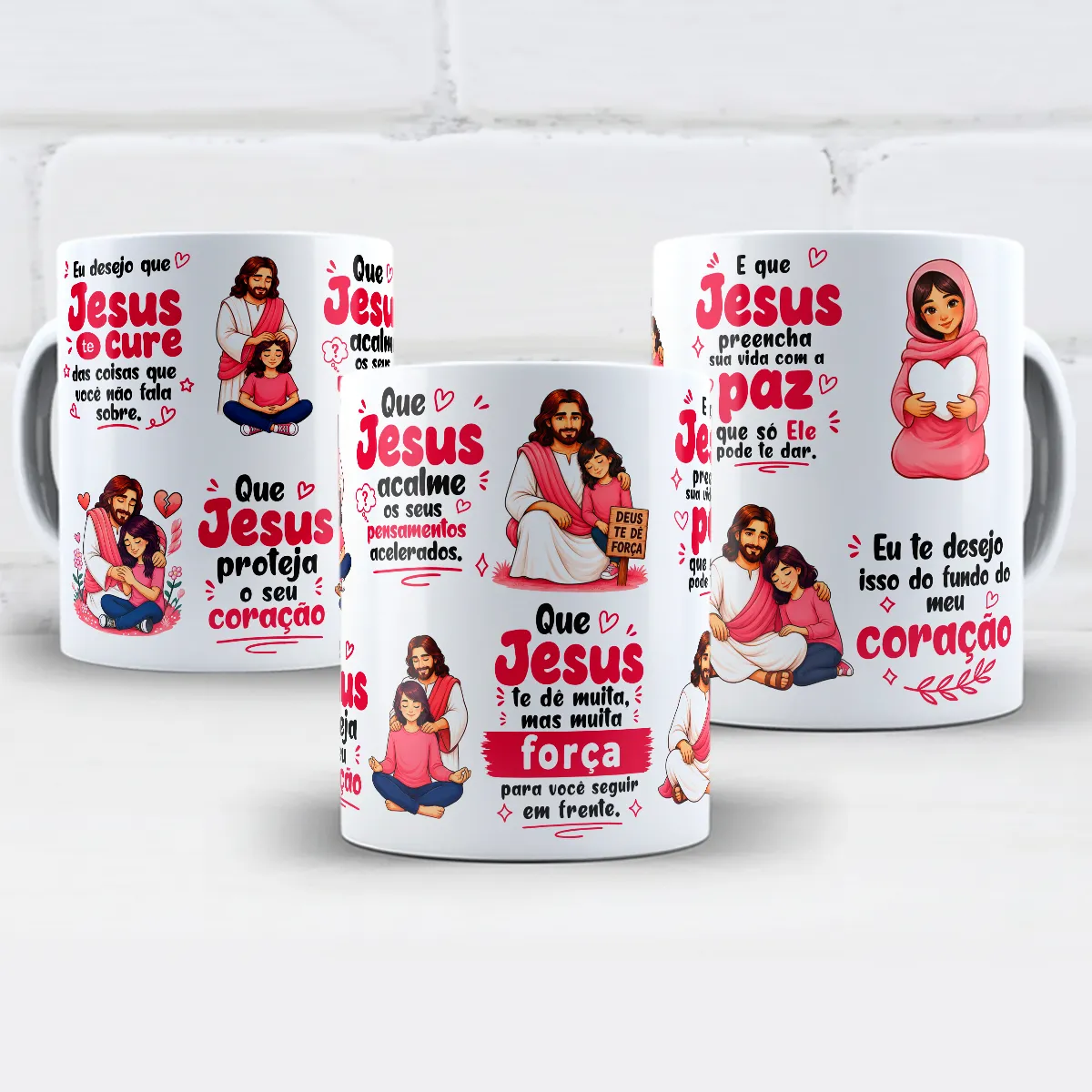 arte para caneca eu desejo que Jesus te cure, com ilustração de Jesus ao lado de uma menina e frases de fé, proteção e esperança