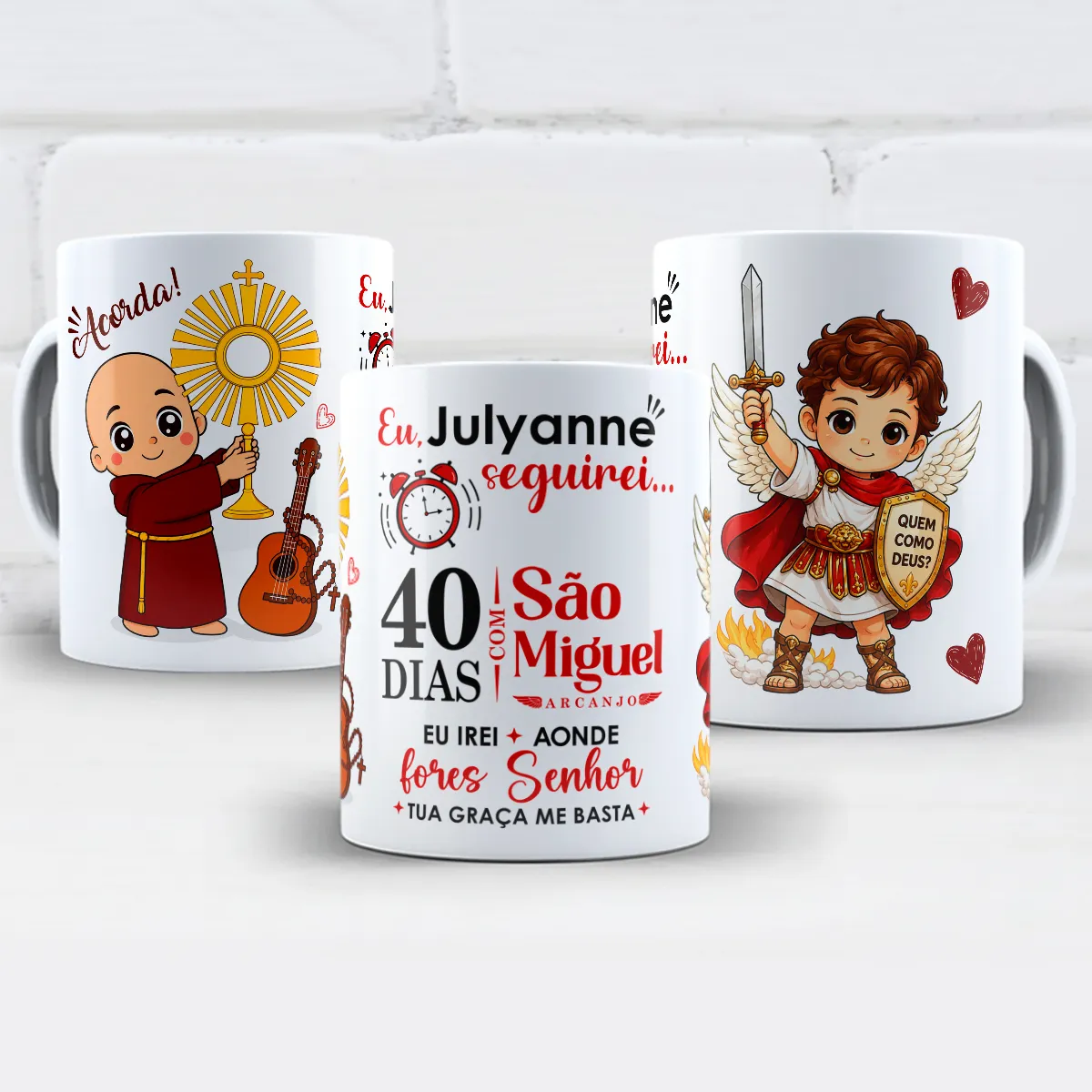 arte para caneca Frei Gilson 40 dias com São Miguel Arcanjo, com as frases "Eu, seguirei..." e "40 dias com São Miguel Arcanjo", personalizável com nome