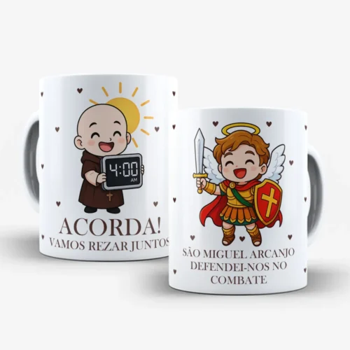 arte para caneca frei gilson e são miguel arcanjo, ilustração fofa segurando relógio 4:00 AM, arcanjo com espada e escudo, corações no fundo e frases religiosas