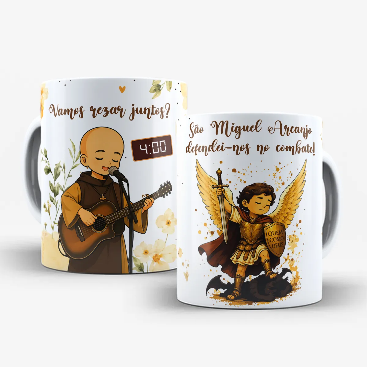 arte para caneca Frei Gilson e São Miguel Arcanjo Vamos Rezar Juntos: Frei Gilson toca violão às 4h com "Vamos rezar juntos?" e São Miguel Arcanjo com espada, escudo e asas