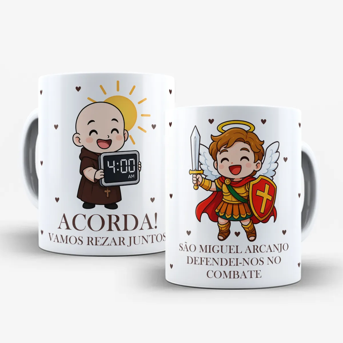 arte para caneca frei gilson e são miguel arcanjo, ilustração fofa segurando relógio 4:00 AM, arcanjo com espada e escudo, corações no fundo e frases religiosas