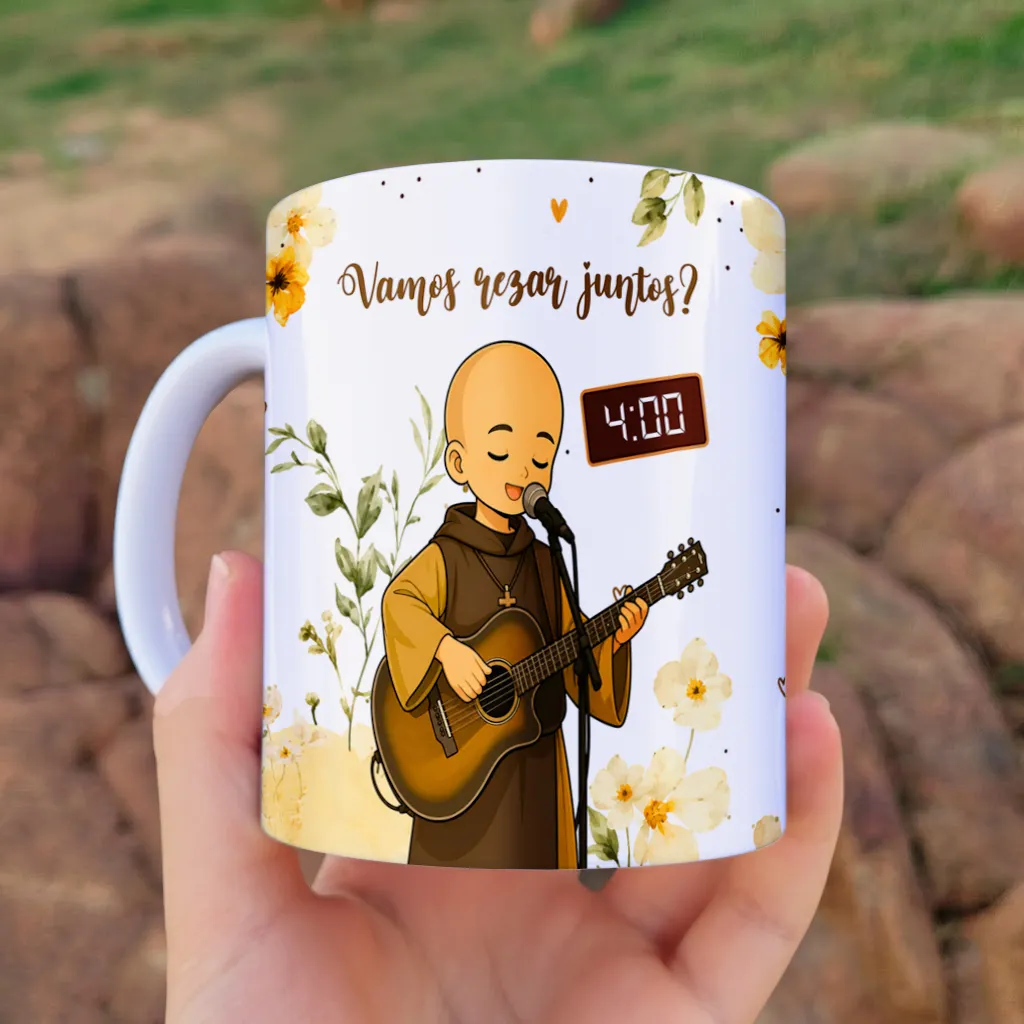 arte para caneca Frei Gilson e São Miguel Arcanjo Vamos Rezar Juntos: Frei Gilson toca violão às 4h com "Vamos rezar juntos?"