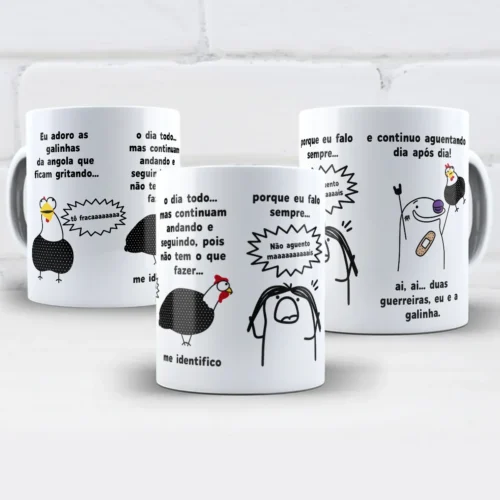 arte para caneca galinha da angola tô fraca, com galinhas em situações engraçadas e frases de humor sobre cansaço e identificação do dia a dia