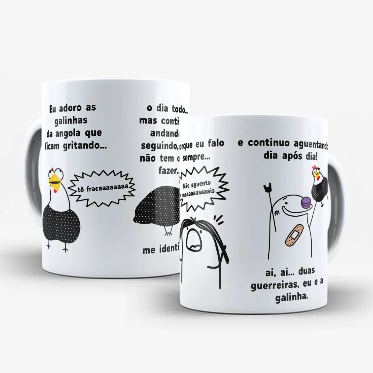 arte para caneca galinha da angola tô fraca, com galinhas em situações engraçadas e frases de humor sobre cansaço e identificação do dia a dia