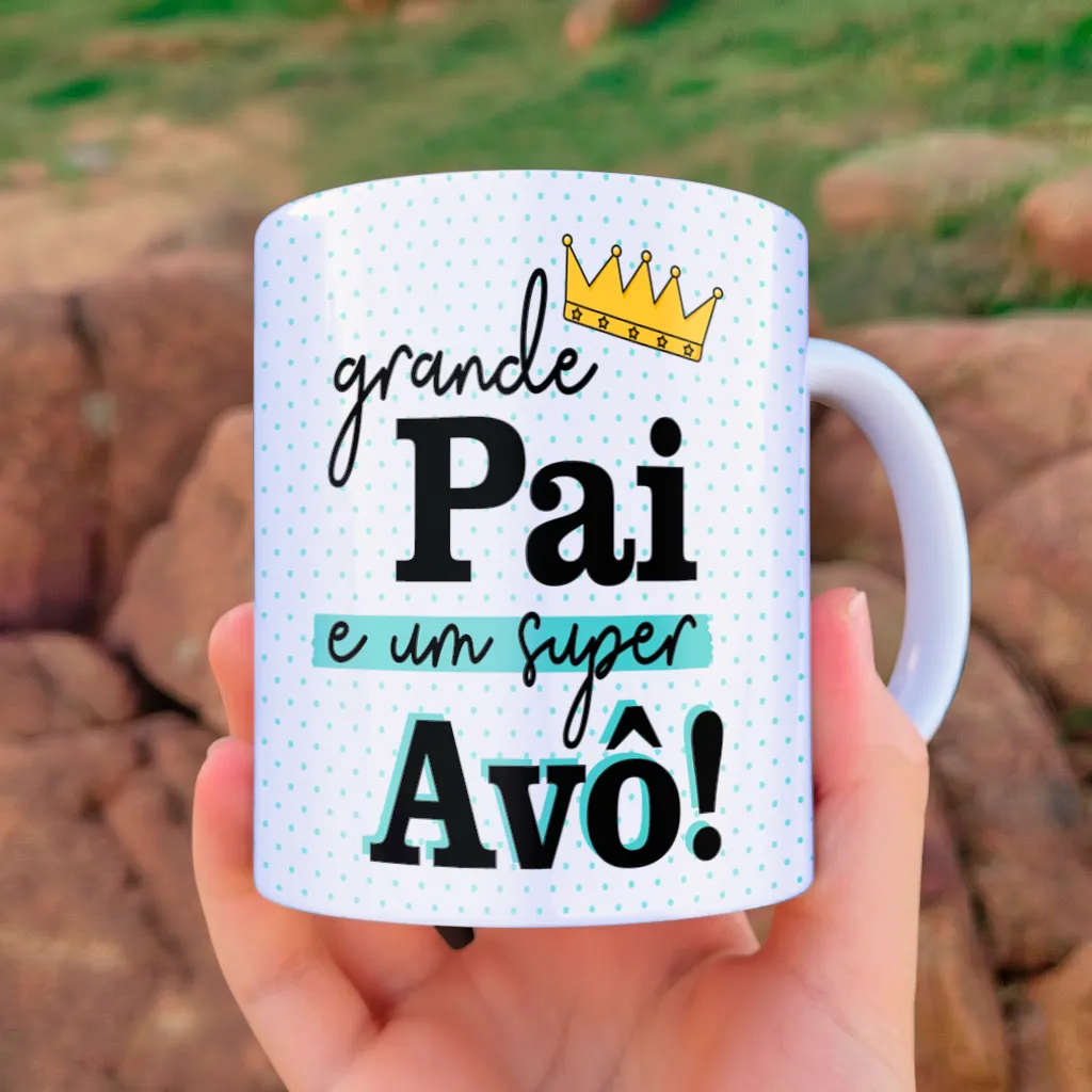 arte para caneca dia dos pais avô grande pai super avô: frase com coroa dourada e fundo com bolinhas azul-claro
