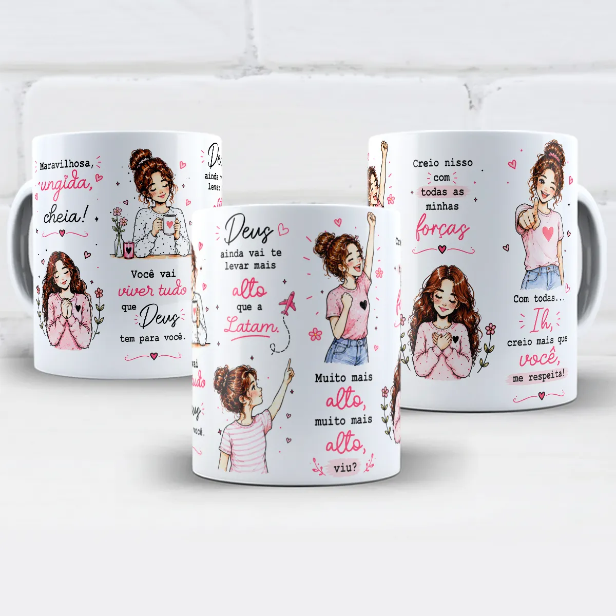 arte para caneca maravilhosa ungida cheia de deus amiga, com ilustrações de mulheres, flores, corações e mensagens de fé para uma amiga especial