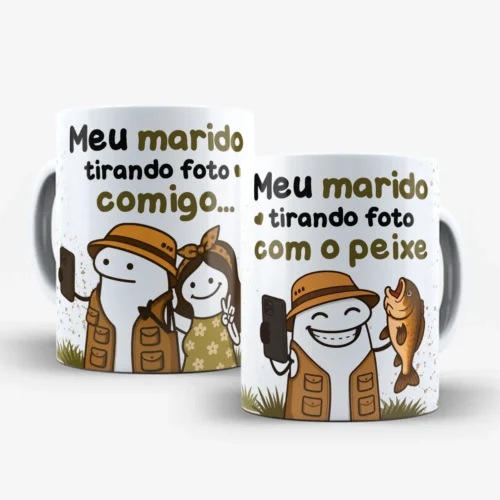 arte para caneca meu marido tirando foto com o peixe e comigo, com personagens Flork em duas cenas: uma com a esposa e outra com o peixe pescado