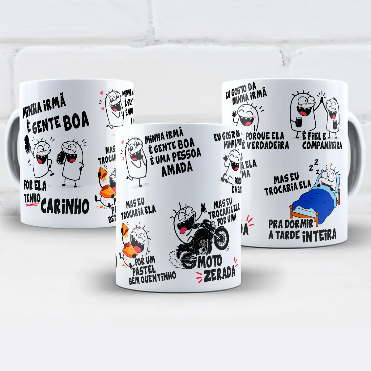 arte para caneca minha irmã é gente boa flork com personagem Flork e frases divertidas e bem humoradas sobre irmã