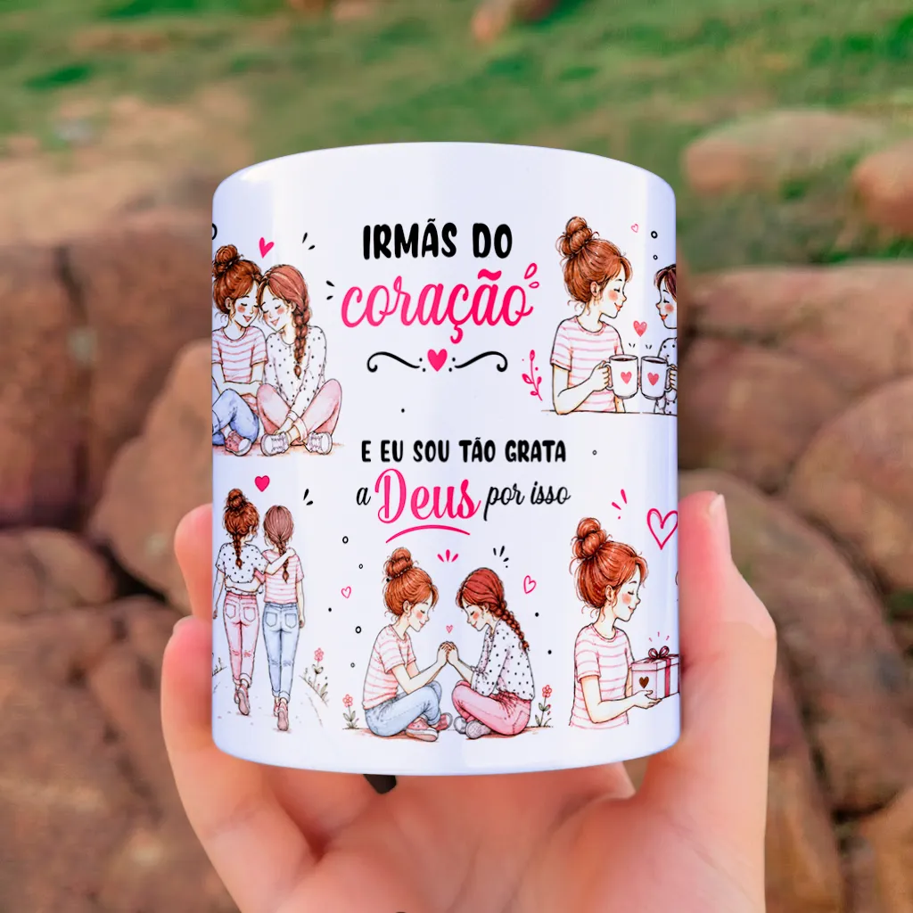 arte para caneca não a gente não é apenas amigas somos irmãs com ilustrações de duas amigas e frases sobre irmãs de coração unidas por Deus