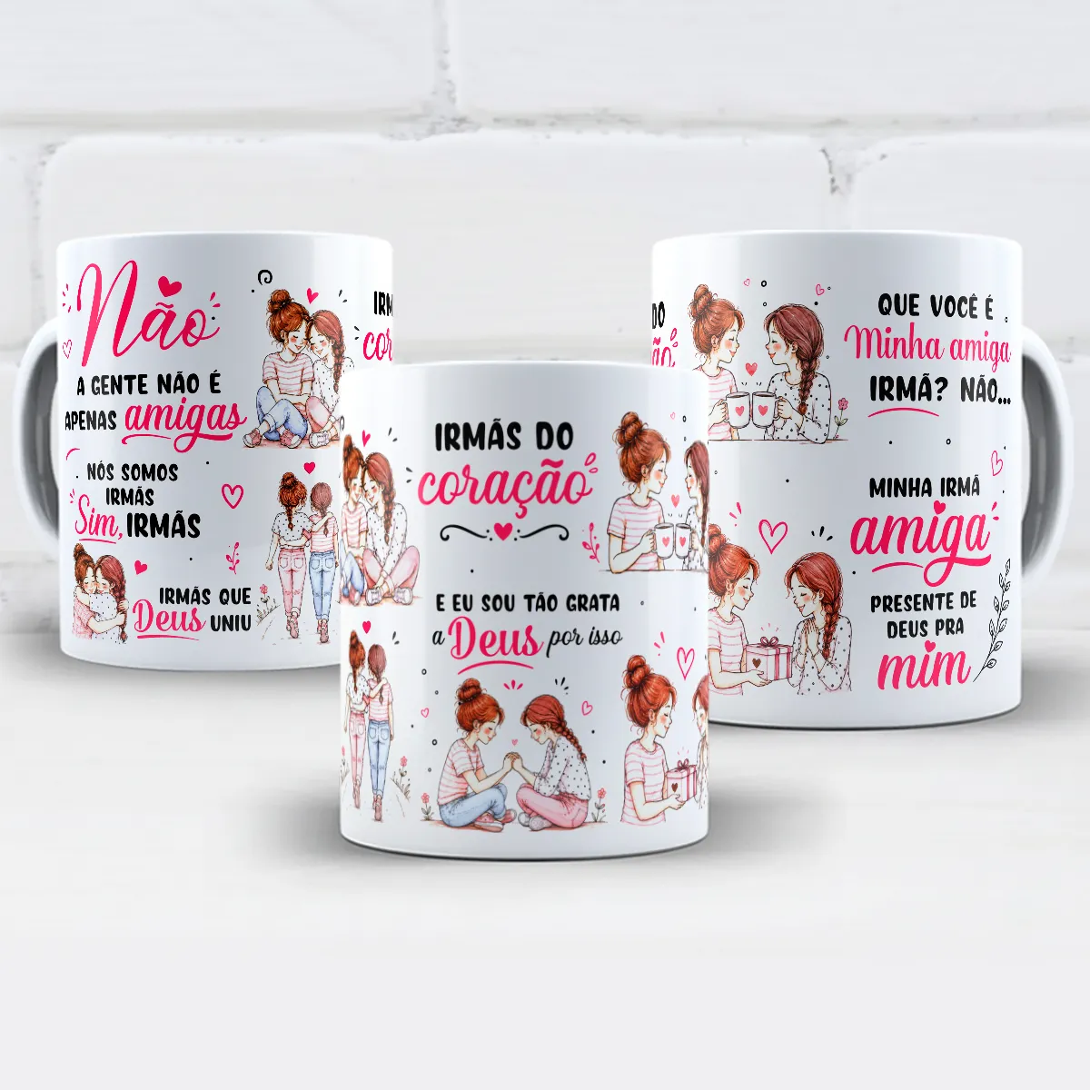 arte para caneca não a gente não é apenas amigas somos irmãs com ilustrações de duas amigas e frases sobre irmãs de coração unidas por Deus