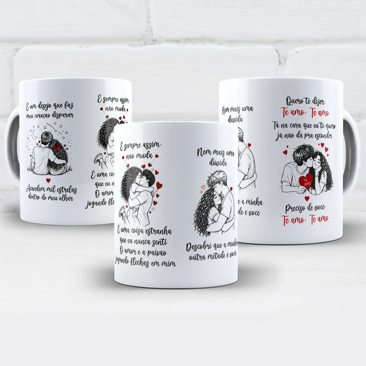 arte para caneca nem mais uma dúvida minha outra metade é você: casal abraçado, corações vermelhos ao redor, texto manuscrito com "Te amo" em destaque