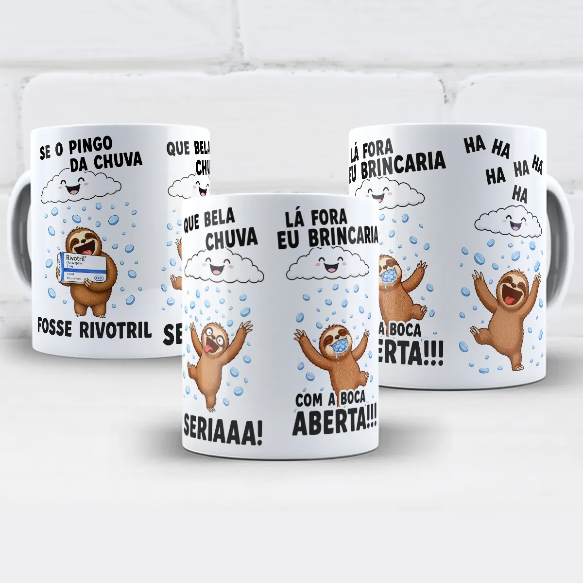 arte para caneca se o pingo da chuva fosse Rivotril bicho preguiça, com bichos-preguiça em meio a gotas de chuva e frases bem humoradas e divertidas