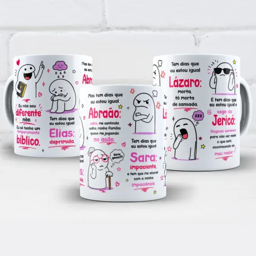 arte para caneca temperamento bíblico Flork com personagens em situações do cotidiano e frases de humor comparando temperamentos a personagens bíblicos