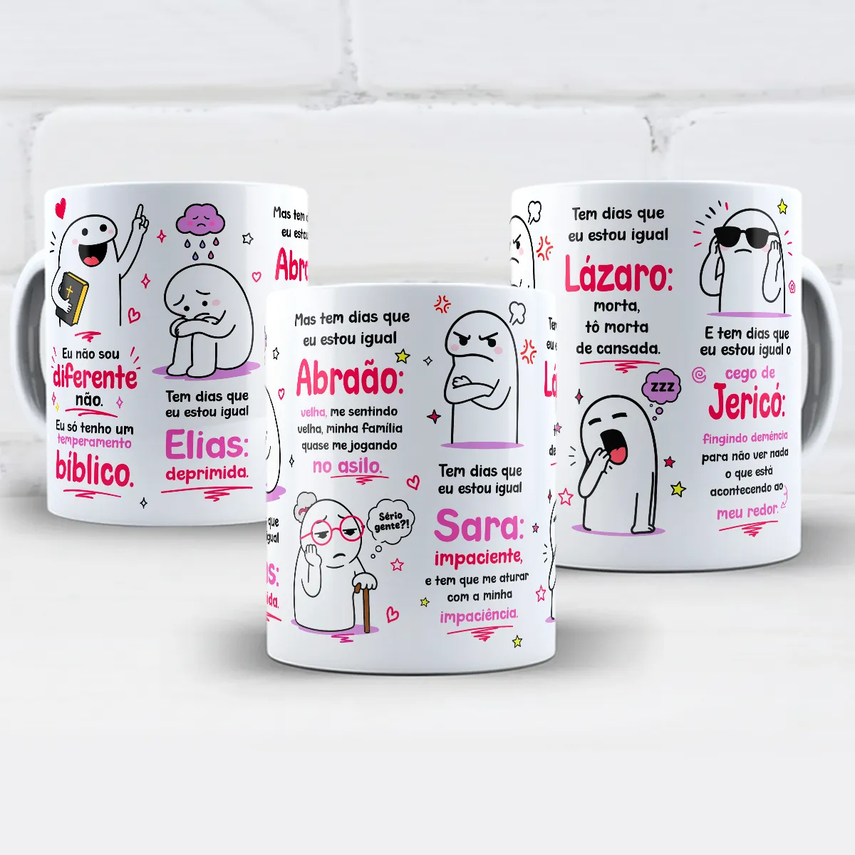 arte para caneca temperamento bíblico Flork com personagens em situações do cotidiano e frases de humor comparando temperamentos a personagens bíblicos