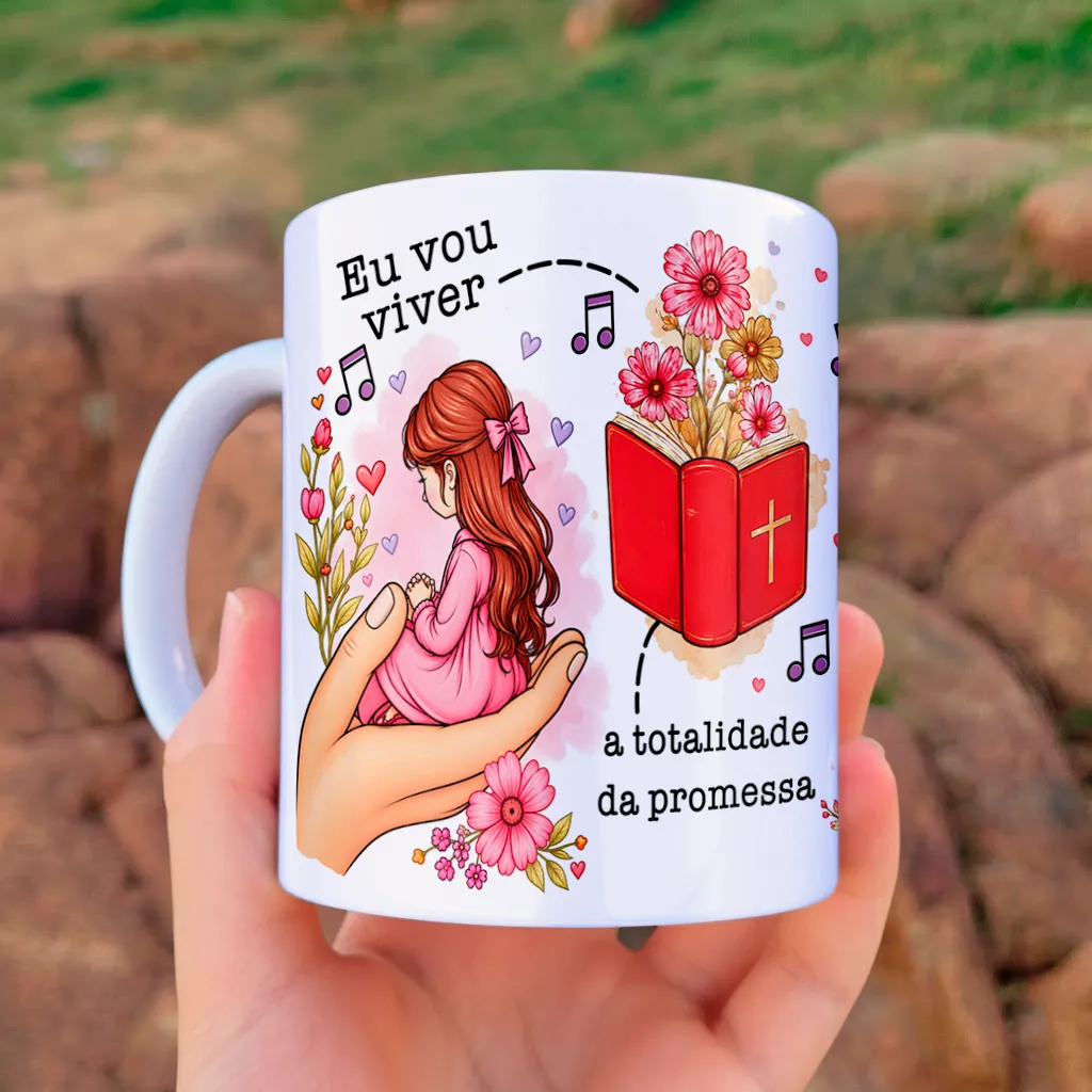 arte para caneca eu vou viver a totalidade da promessa deus de obras completas: menina em oração, Bíblia vermelha com cruz