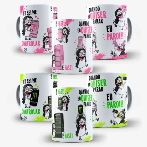 2 arte para caneca eu sei me controlar monster rosa e verde flork feminina com personagens abraçando latas de energético ao lado das frases eu sei me controlar, é fase e quando eu quiser parar eu paro
