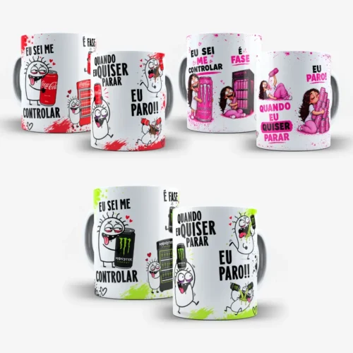 3 artes para caneca eu sei me controlar monster verde rosa e coca cola com personagens abraçando latas de energético ao lado das frases eu sei me controlar, é fase e quando eu quiser parar eu paro
