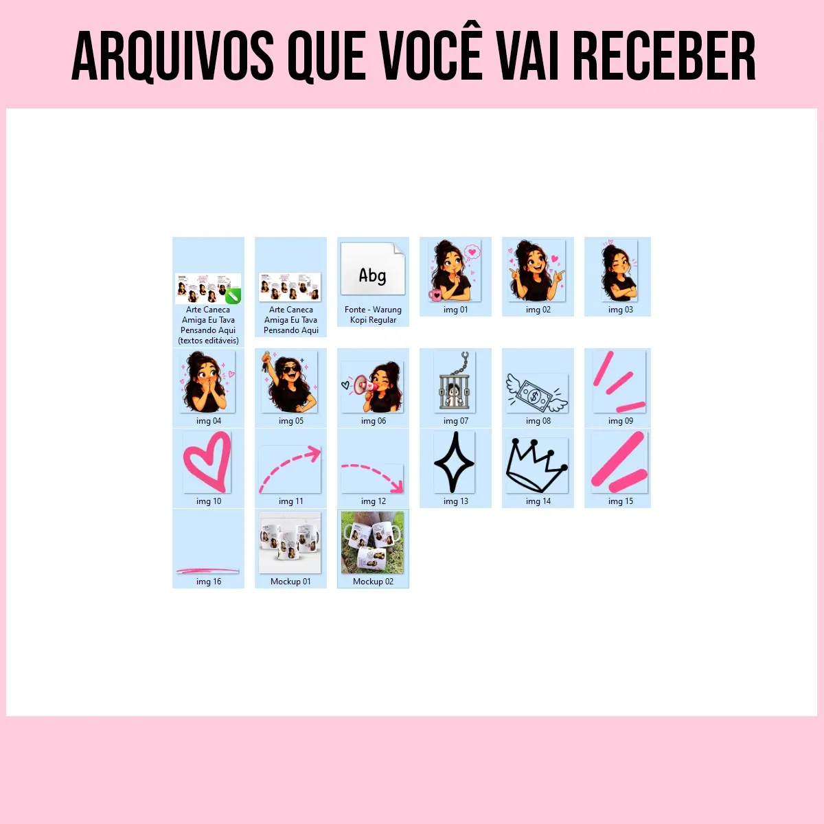 arquivos da arte para caneca amiga eu tava pensando aqui menina com frases de humor sobre amizade e personagem feminina de camiseta preta em várias poses, com caneca, cadeia e megafone