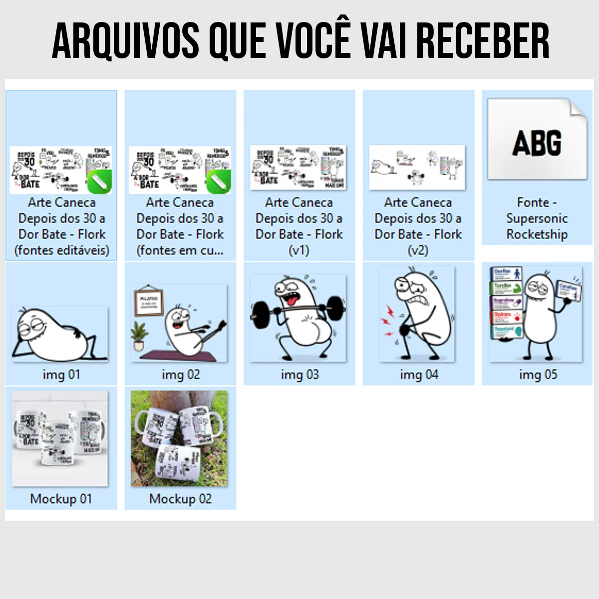 arquivos da arte para caneca depois dos 30 a dor bate flork, com personagens e frases divertidas sobre pilates, exercícios, dores no joelho e remédios