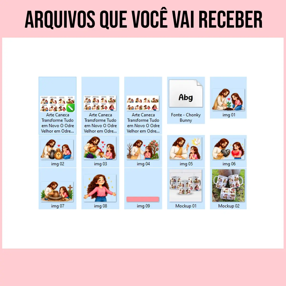 arquivos da arte para caneca então transforma o odre velho em odre novo Jesus, com cenas de Jesus e uma menina, vinho, coração, pomba e cruz, e frases sobre renovação e fé