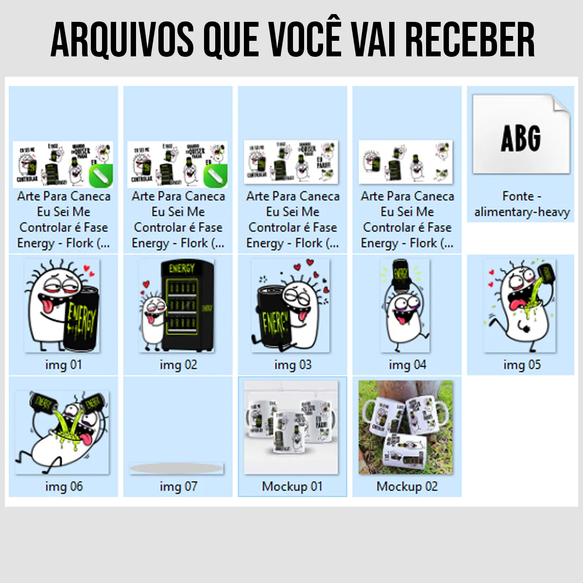 arquivos da arte para caneca eu sei me controlar é fase energy flork com personagens Flork abraçando latas de energético ao lado das frases eu sei me controlar, é fase e quando eu quiser parar eu paro