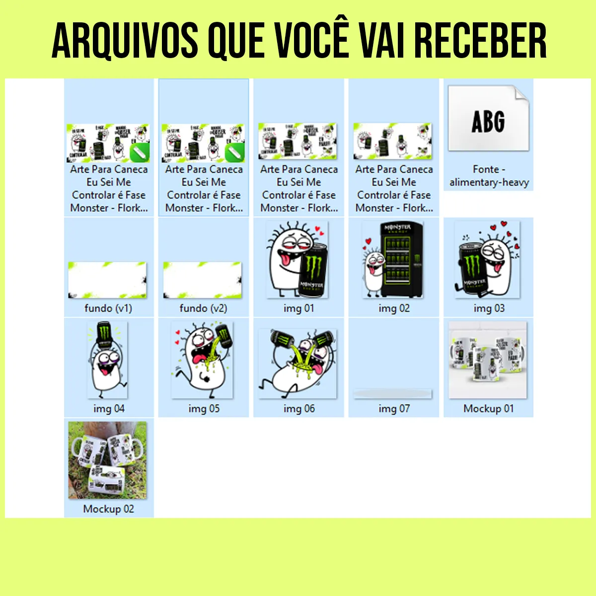 arquivos da arte para caneca eu sei me controlar é fase monster flork com personagens abraçando latas de energético ao lado das frases eu sei me controlar, é fase e quando eu quiser parar eu paro