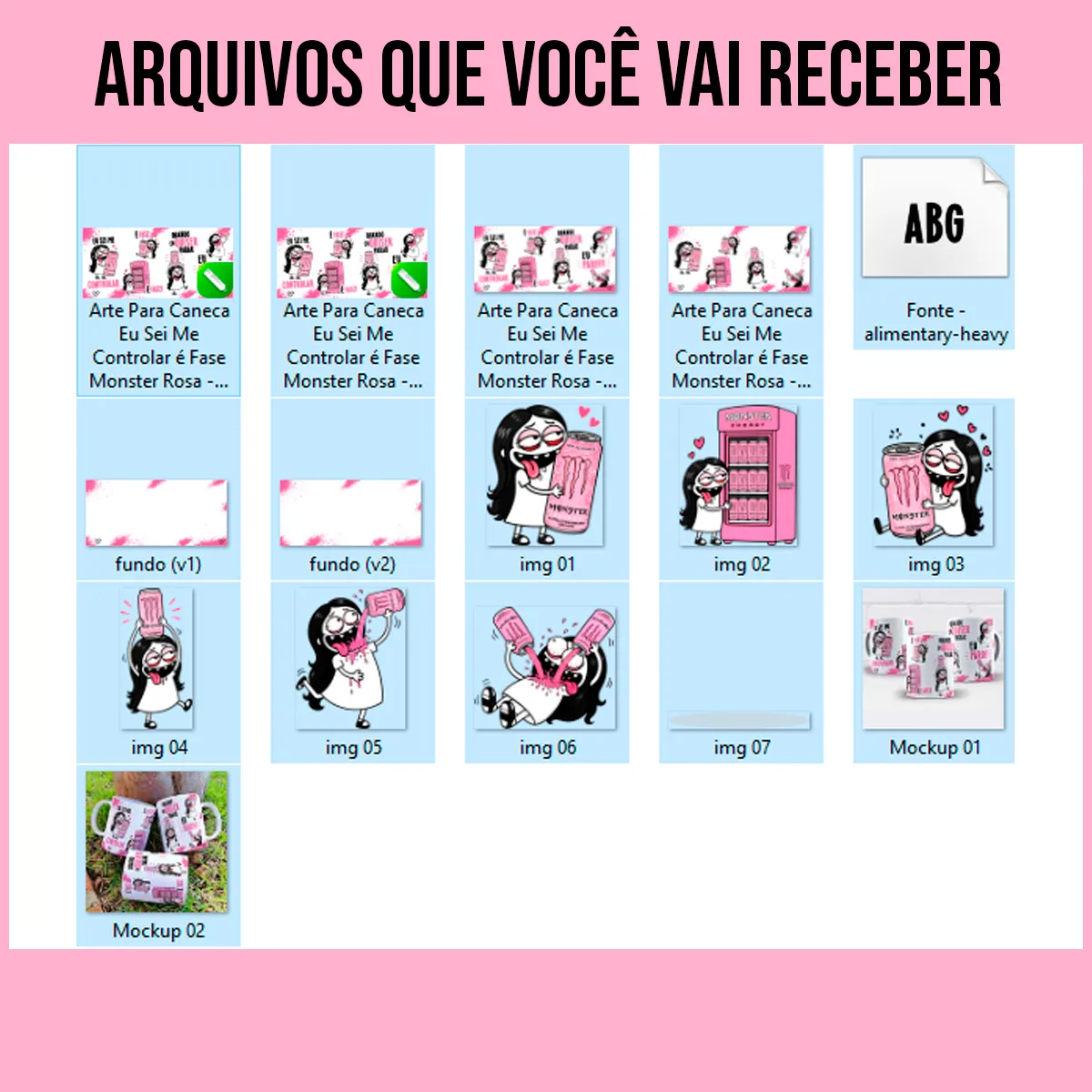 arquivos da arte para caneca eu sei me controlar é fase monster rosa flork feminina com personagens abraçando latas de energético ao lado das frases eu sei me controlar, é fase e quando eu quiser parar eu paro