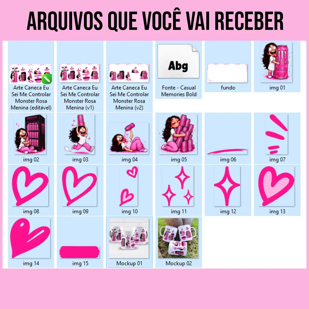 arquivos da arte para caneca eu sei me controlar é fase monster rosa menina com personagens abraçando latas de energético ao lado das frases eu sei me controlar, é fase e quando eu quiser parar eu paro