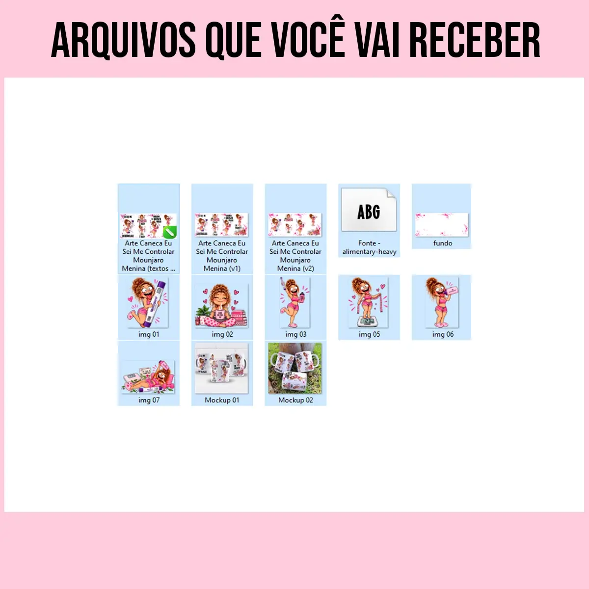 arquivos da arte para caneca eu sei me controlar é fase mounjaro menina com personagens femininas de cabelo cacheado em cenas de emagrecimento, caneta mounjaro, balança, fita métrica, chá detox, respingos rosa e frases de humor