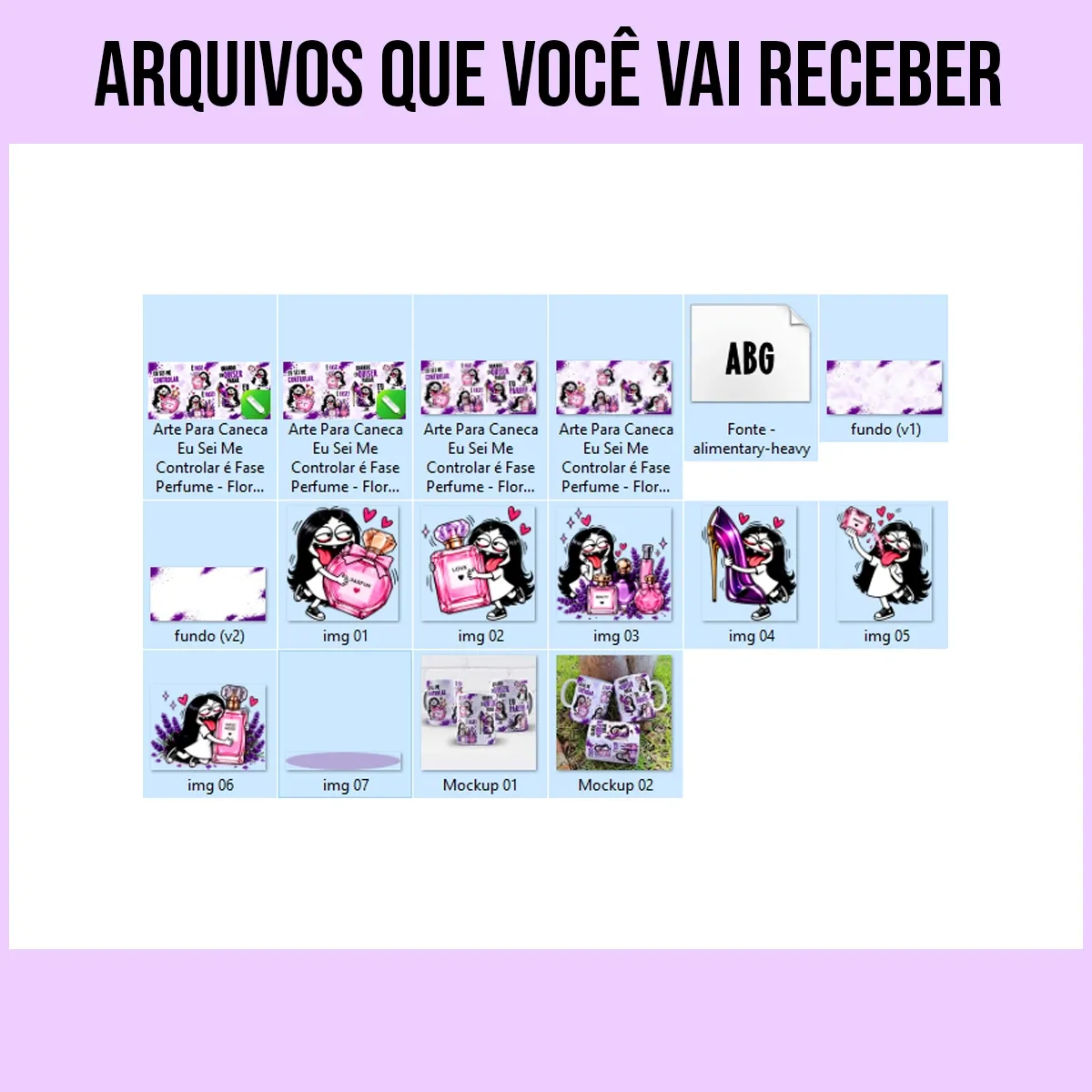 arquivos da arte para caneca eu sei me controlar é fase perfume flork, com personagens Flork abraçando perfumes ao lado das frases "eu sei me controlar, é fase e quando eu quiser parar eu paro"