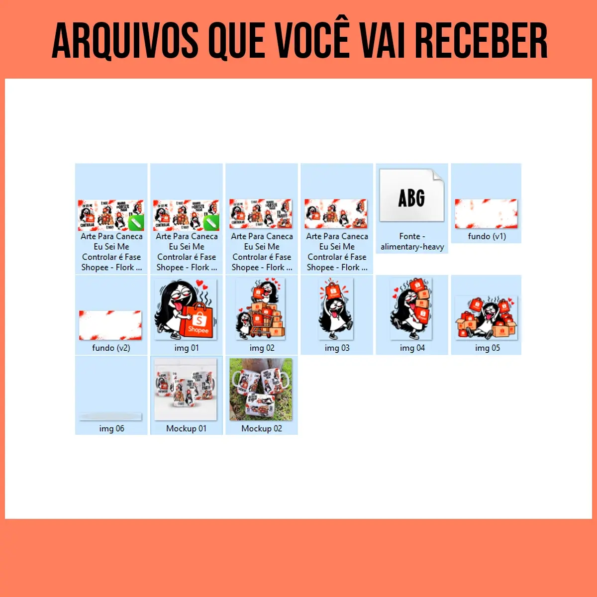 arquivos da arte para caneca eu sei me controlar é fase shopee flork, com personagens Flork com sacolas e carrinho de compras da Shopee ao lado das frases eu sei me controlar, é fase e quando eu quiser parar eu paro