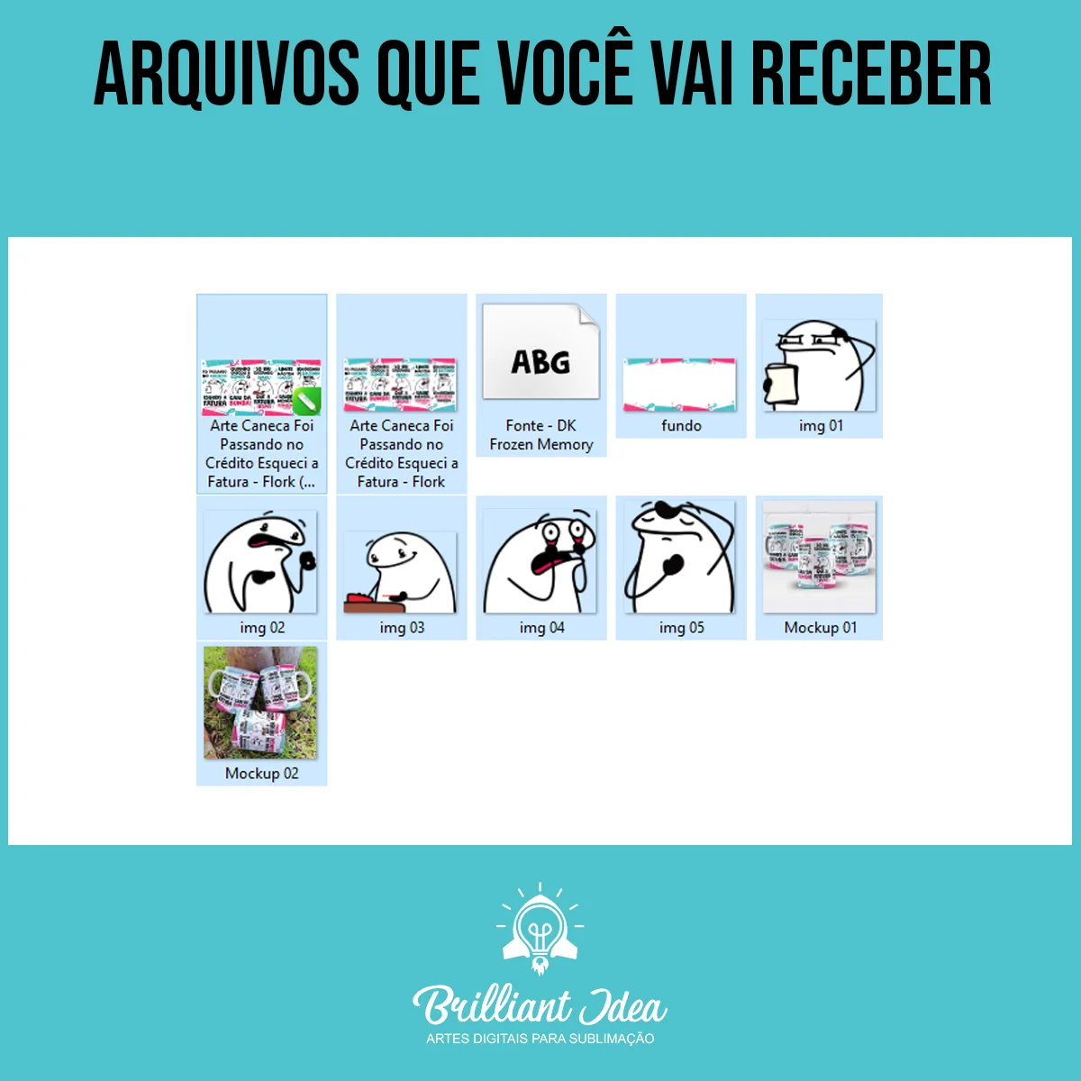 arquivos da arte para caneca foi passando no crédito esqueci a fatura flork, personagens Flork com frases sobre gastar no cartão e o desespero ao chegar a fatura