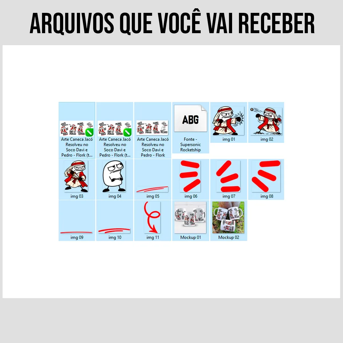 arquivos da arte para caneca Jacó resolveu no soco Davi e Pedro Flork, com frases de humor bíblico e quatro personagens estilo Flork de turbante socando, arremessando pedra, empunhando espada e cara emburrada