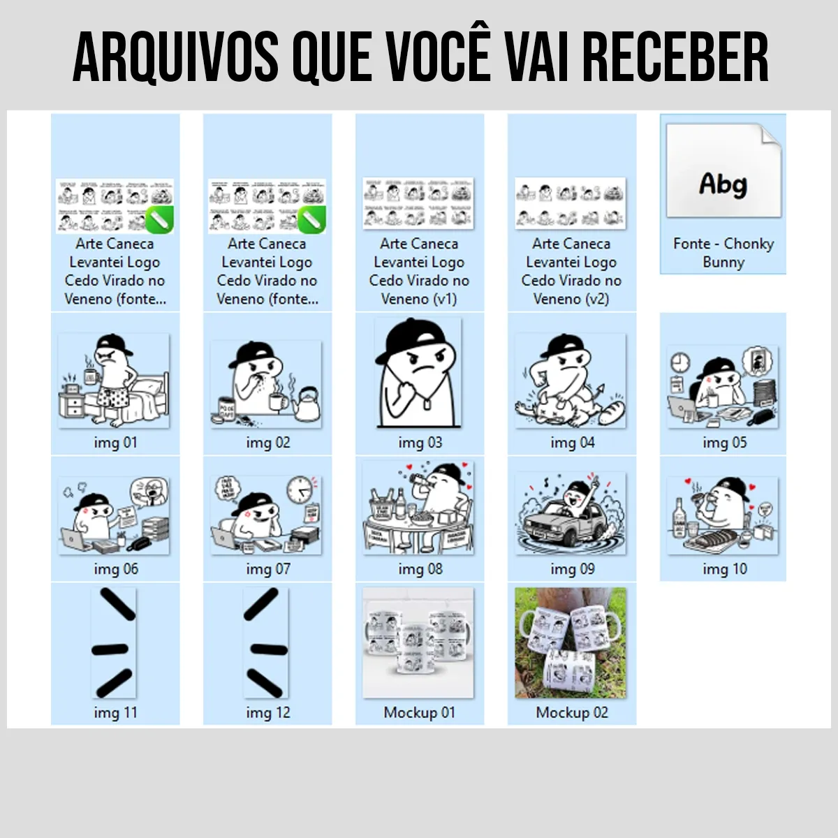 arquivos da arte para caneca levantei logo cedo virado no veneno: Flork em 10 quadrinhos narrando a rotina do trabalhador com mau humor até a comemoração de sexta-feira