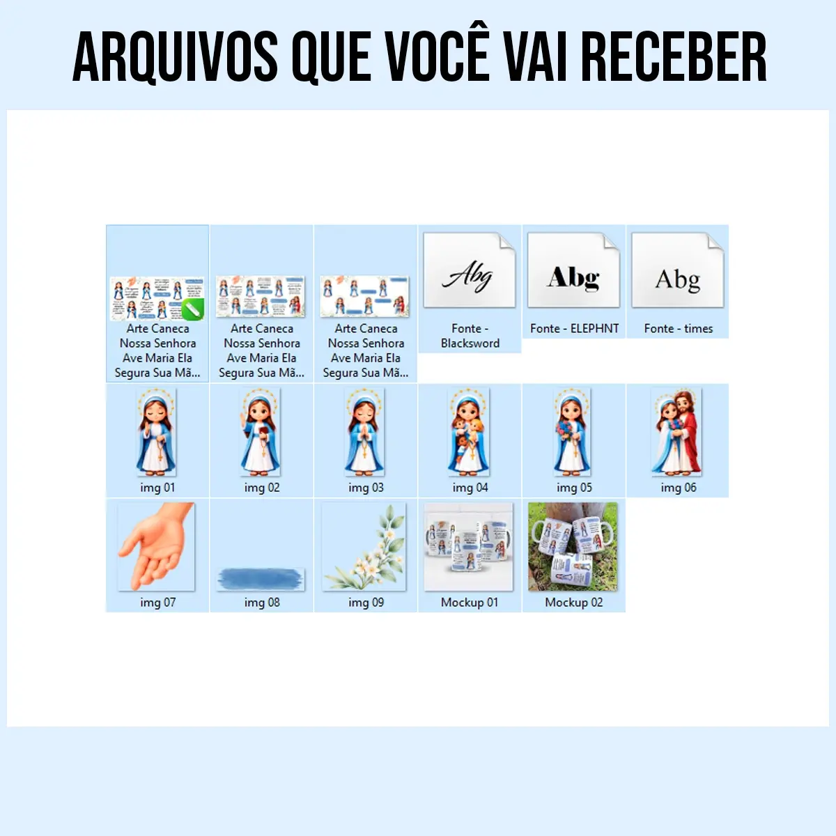 arquivos da arte para caneca nossa senhora ave maria entregue sua vida nessa devoção com ilustrações de Nossa Senhora, flores e mensagens de fé, proteção e oração