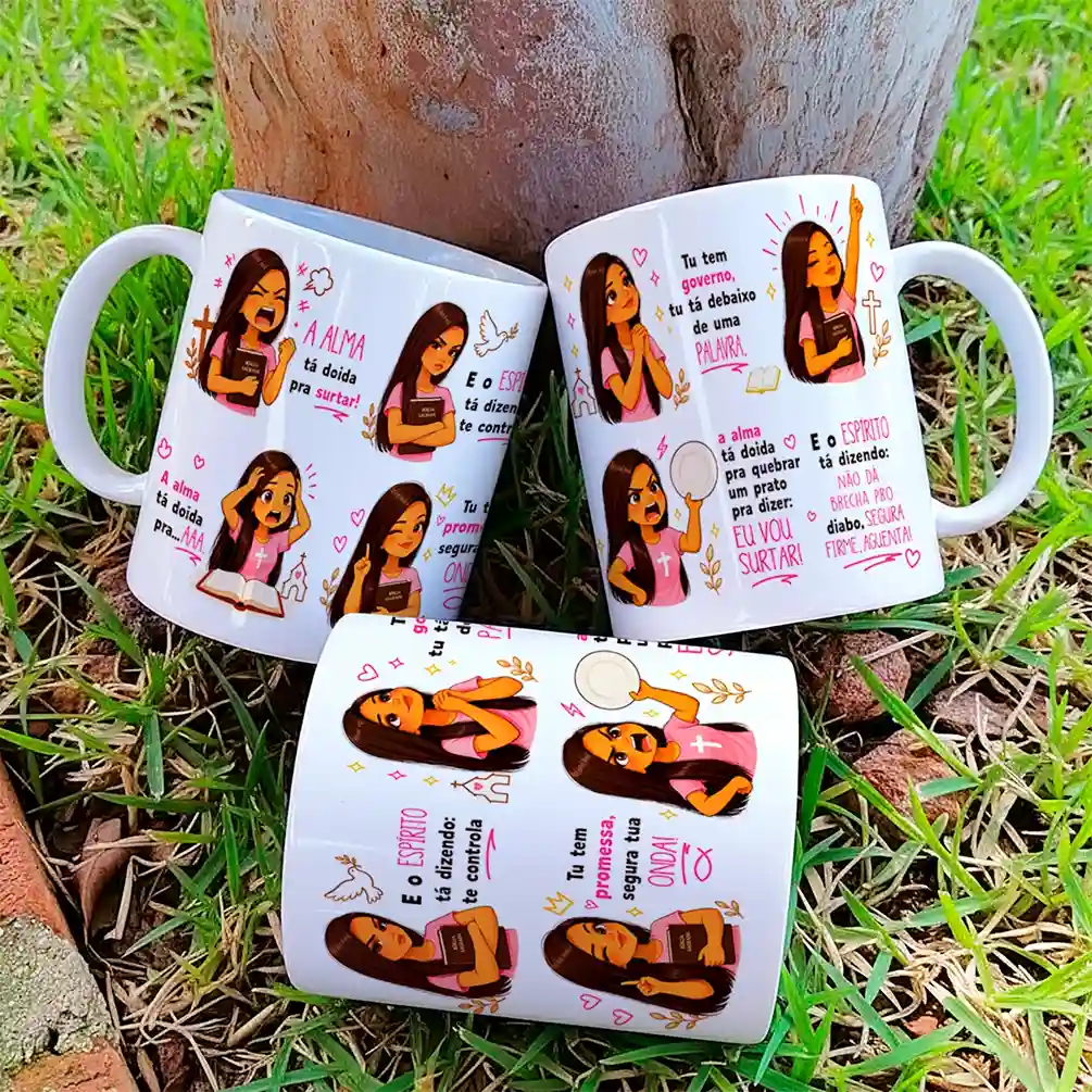arte para caneca a alma tá doida pra surtar menina com frases divertidas, ilustrações de menina e mensagem de fé sobre manter a calma