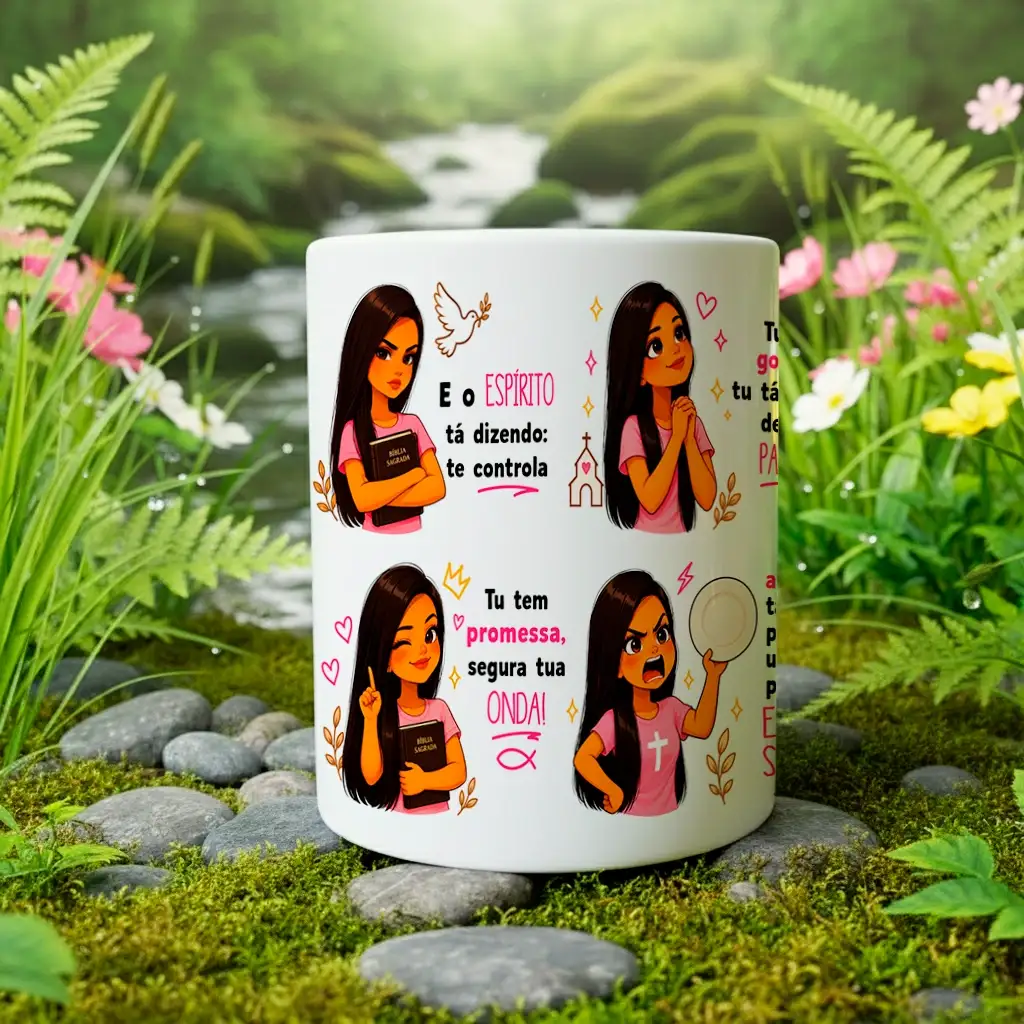 arte para caneca a alma tá doida pra surtar menina com frases divertidas, ilustrações de menina e mensagem de fé sobre promessa e segurar a onda
