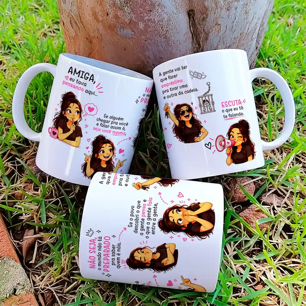 arte para caneca amiga eu tava pensando aqui menina com frases de humor sobre amizade e personagem feminina de camiseta preta em várias poses, com caneca, cadeia e megafone