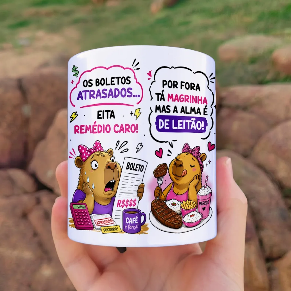 arte para caneca capivara bando de magra bonde do mounjaro, com frases de humor sobre dieta, boletos e rodízios entre amigas emagrecendo