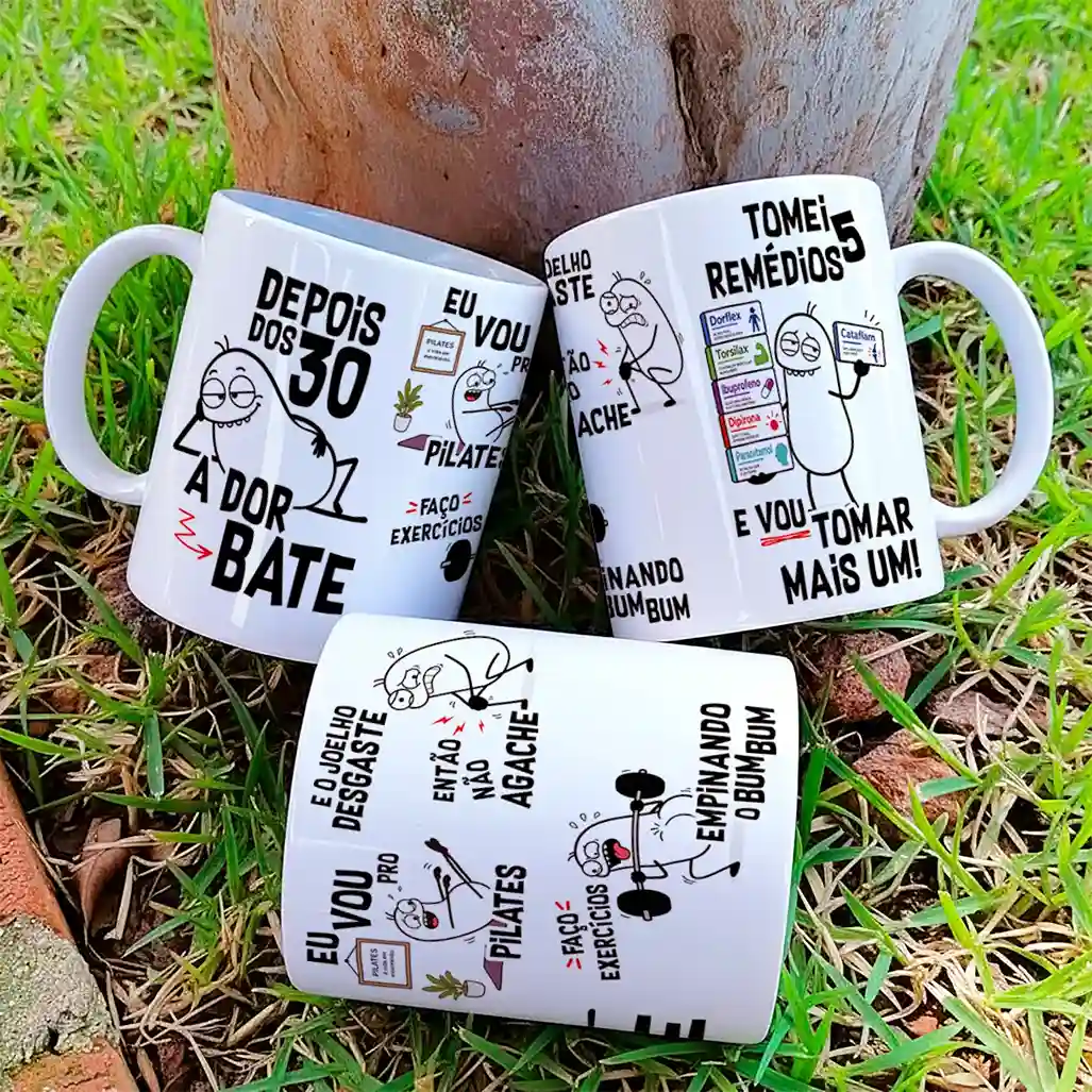 arte para caneca depois dos 30 a dor bate flork, com personagens e frases divertidas sobre pilates, exercícios, dores no joelho e remédios