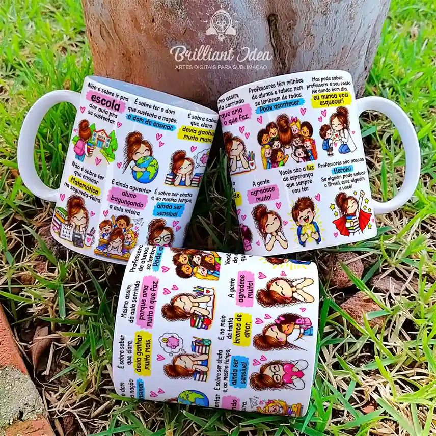 arte para caneca Dia dos Professores não é sobre ir pra escola dar aula, com professoras e alunos em cenas escolares, corações e frases de homenagem aos professores