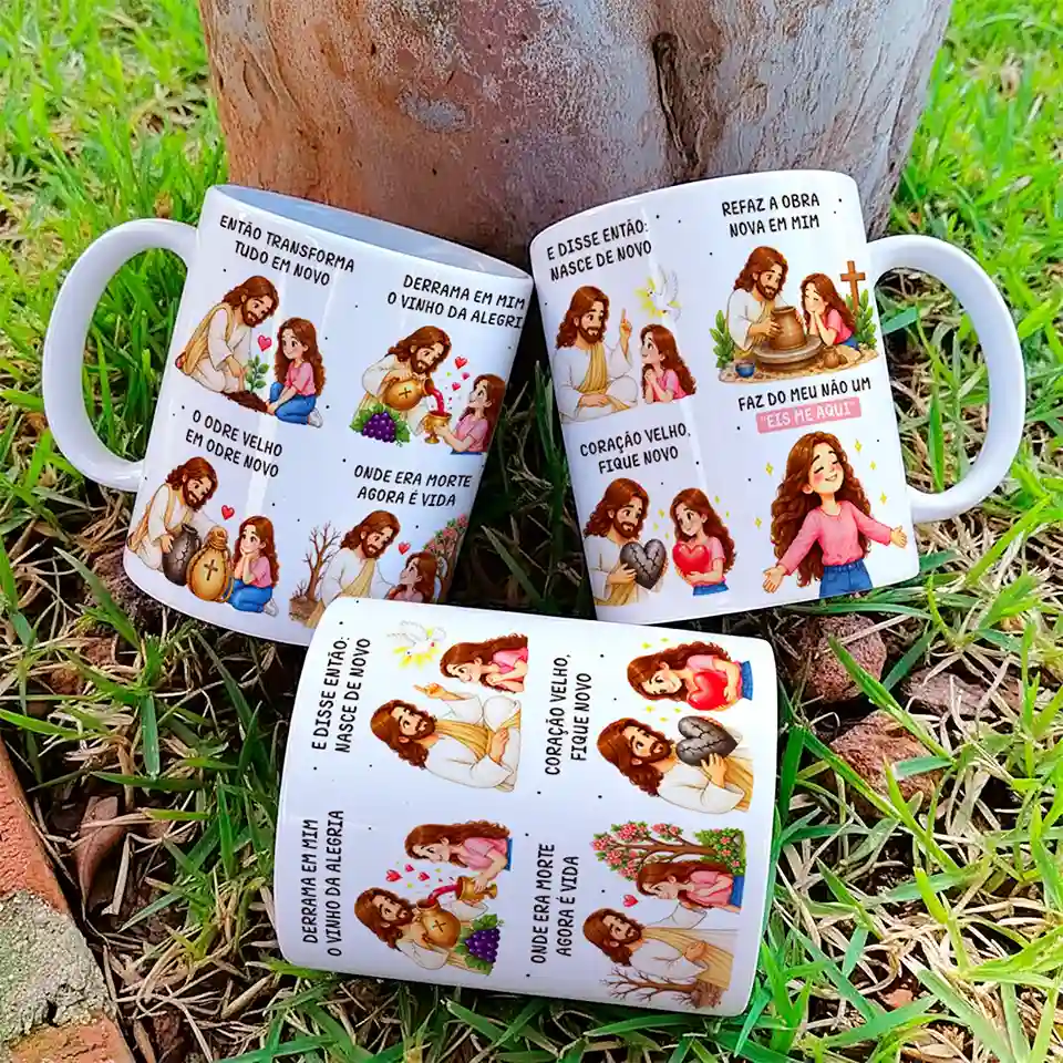 arte para caneca então transforma o odre velho em odre novo Jesus, com cenas de Jesus e uma menina, vinho, coração, pomba e cruz, e frases sobre renovação e fé