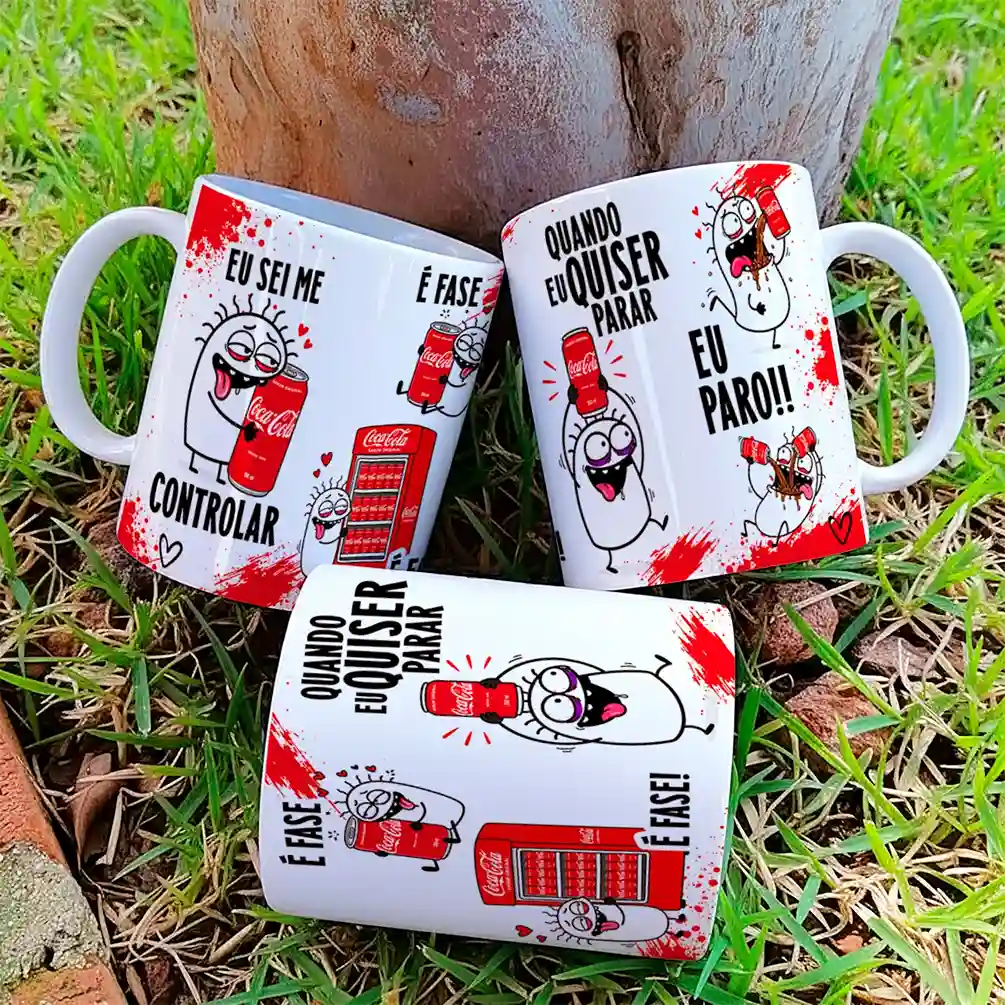 arte para caneca eu sei me controlar é fase coca cola flork com personagens abraçando latas de refrigerante ao lado das frases eu sei me controlar, é fase e quando eu quiser parar eu paro